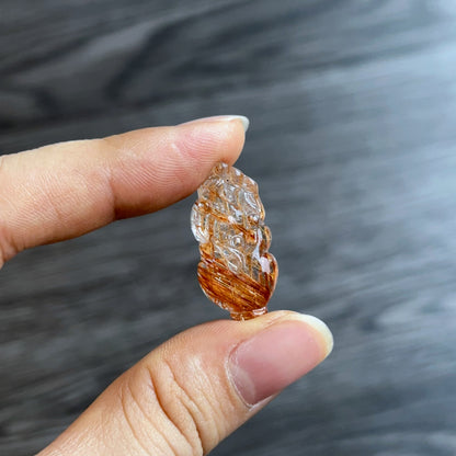 Pixiu Red Brown Rutilated Quartz Pendant in 10k Yellow Gold Setting