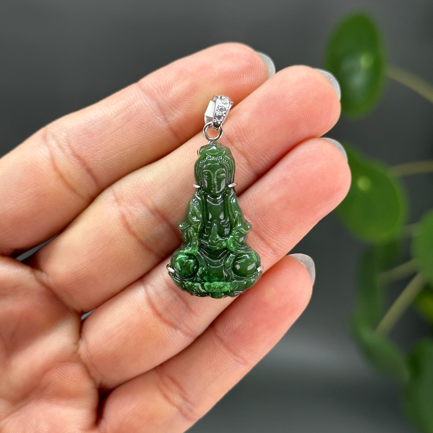 Quan The Am Buddha Nephrite Jade Pendant in 10K White Gold Simple Setting