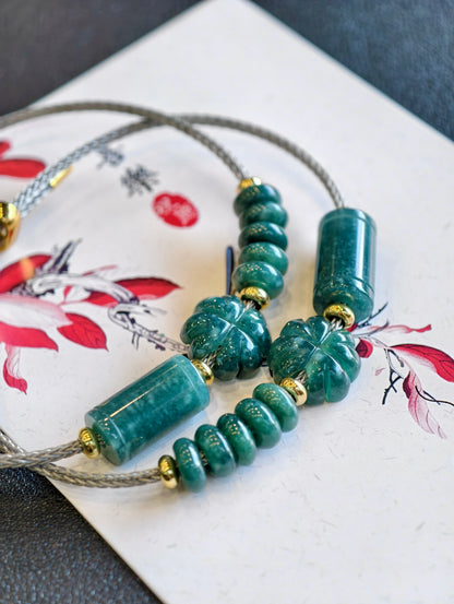 Natural Lu Thong Mix 4 Leaf Clover and Prosperity Donut Natural Blue Jadeite Jade Bracelet