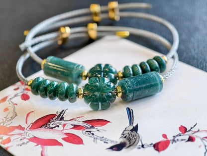 Natural Lu Thong Mix 4 Leaf Clover and Prosperity Donut Natural Blue Jadeite Jade Bracelet