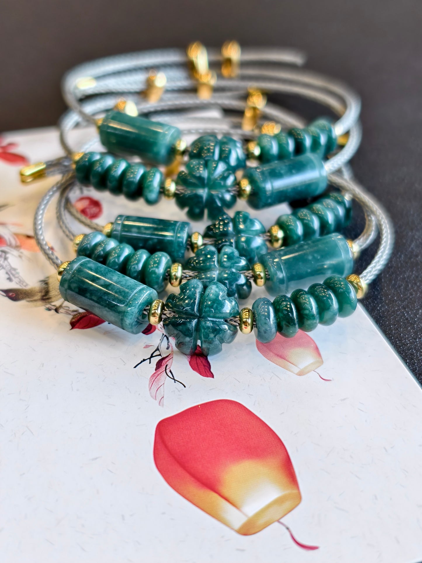 Natural Lu Thong Mix 4 Leaf Clover and Prosperity Donut Natural Blue Jadeite Jade Bracelet