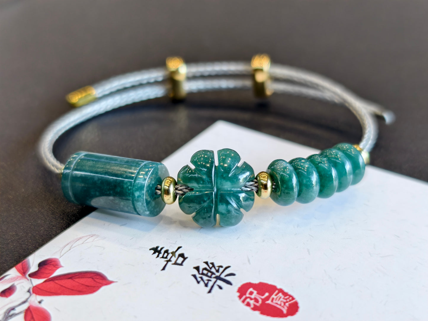 Lu Thong Mix 4 Leaf Clover and Prosperity Donut Natural Blue Jadeite Jade Bracelet