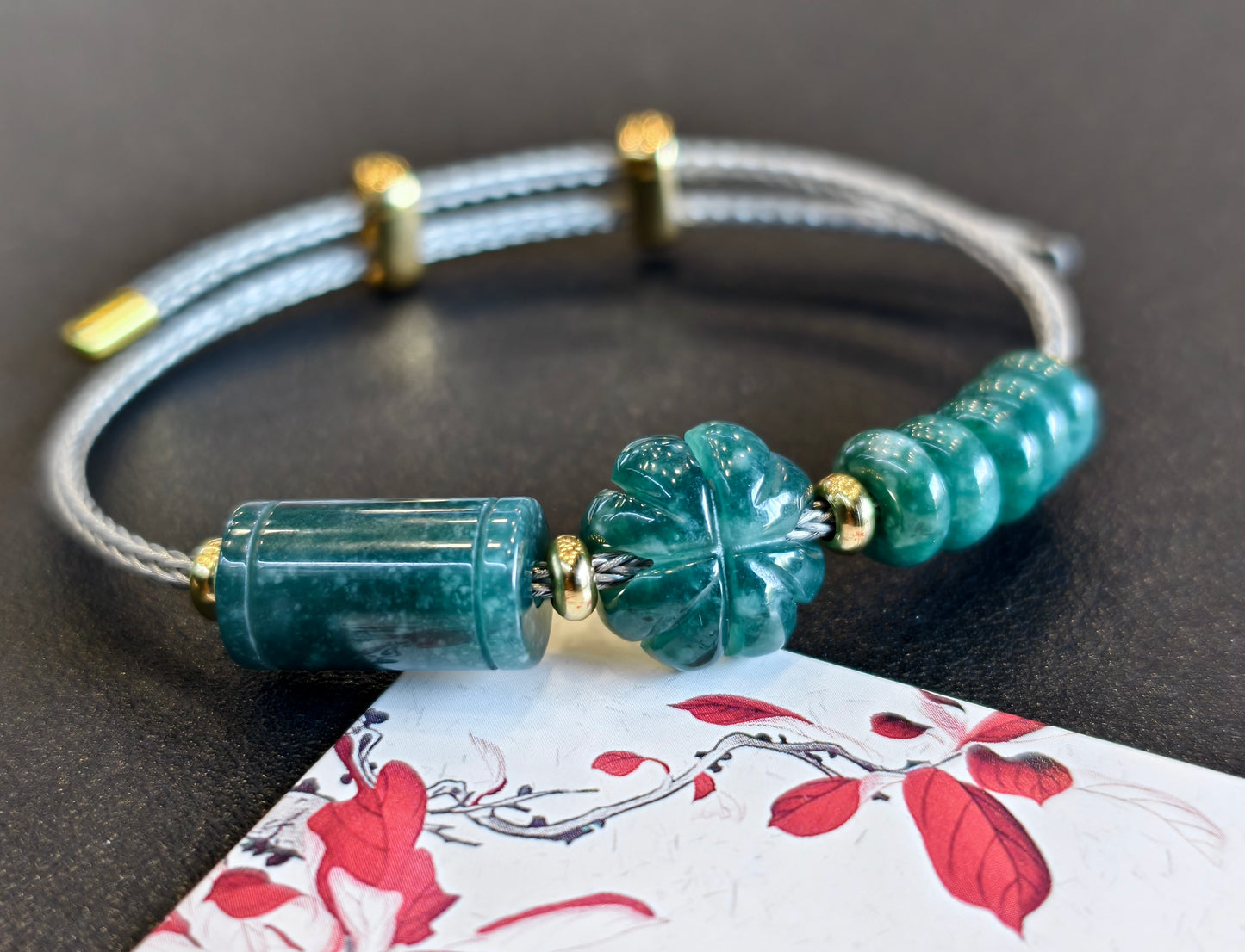 Natural Lu Thong Mix 4 Leaf Clover and Prosperity Donut Natural Blue Jadeite Jade Bracelet