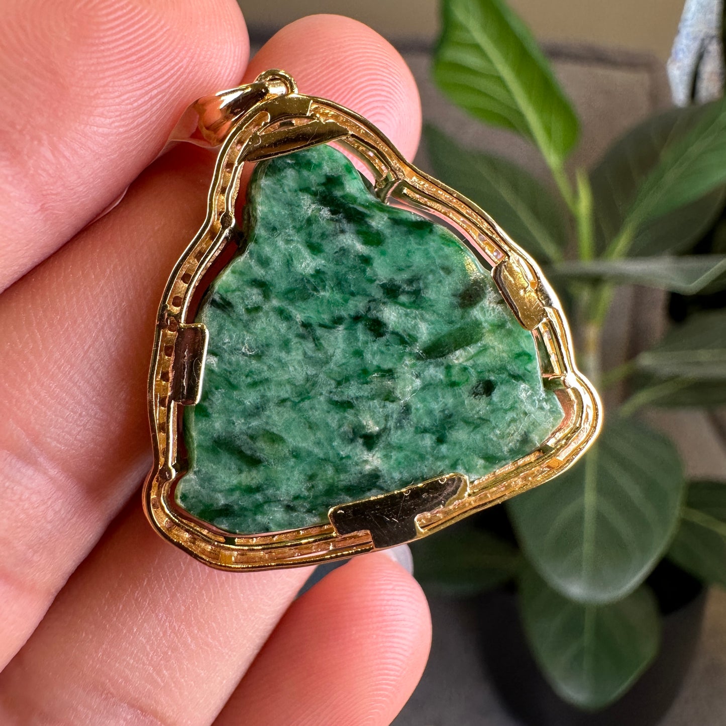 Happy Buddha Son Thuy Natural Jadeite Jade Pendant in 10 k Yellow Gold and White Sapphire Setting
