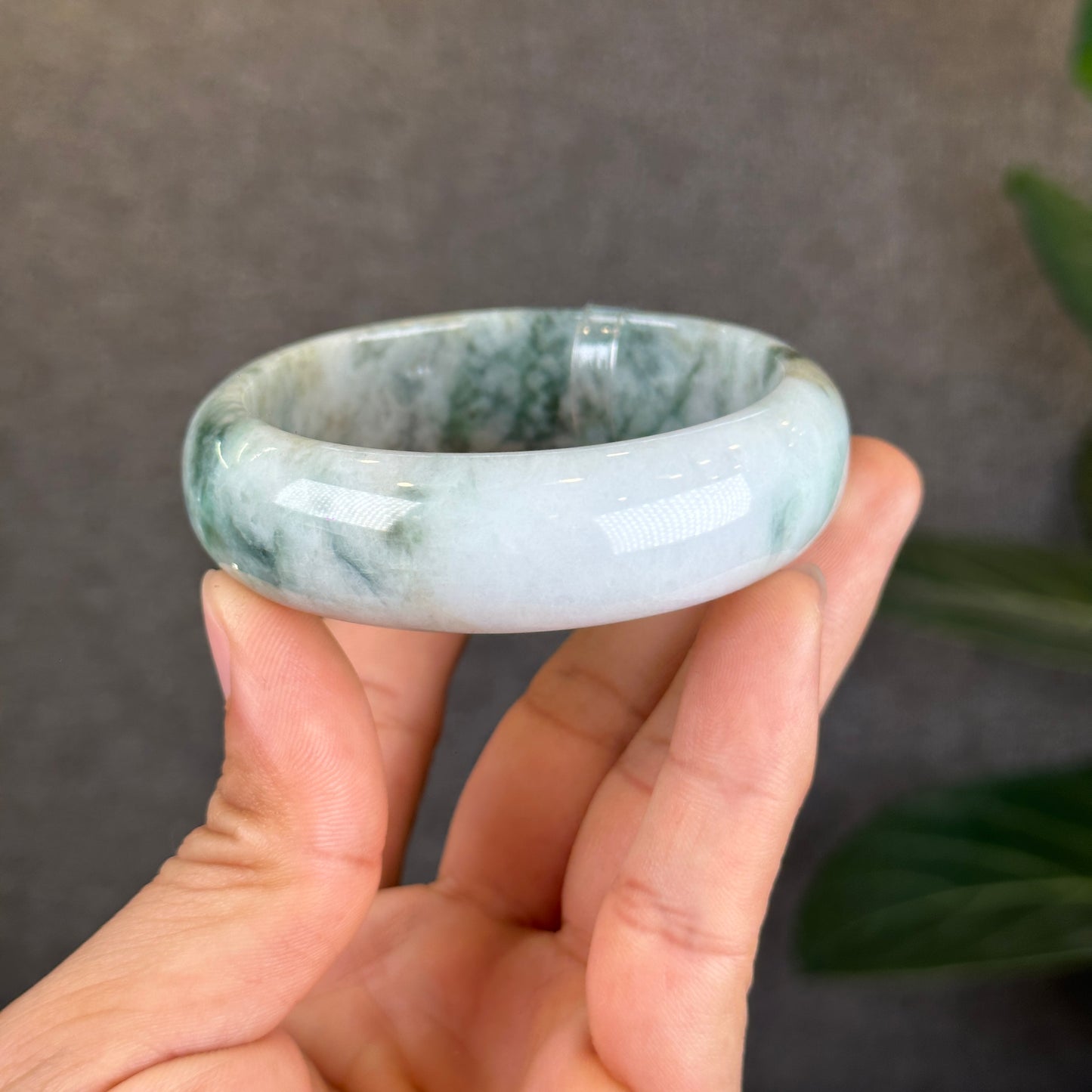 Natural Floral Green with Touches of Orange Jadeite Jade Bangle Leaf Style Size 57 mm