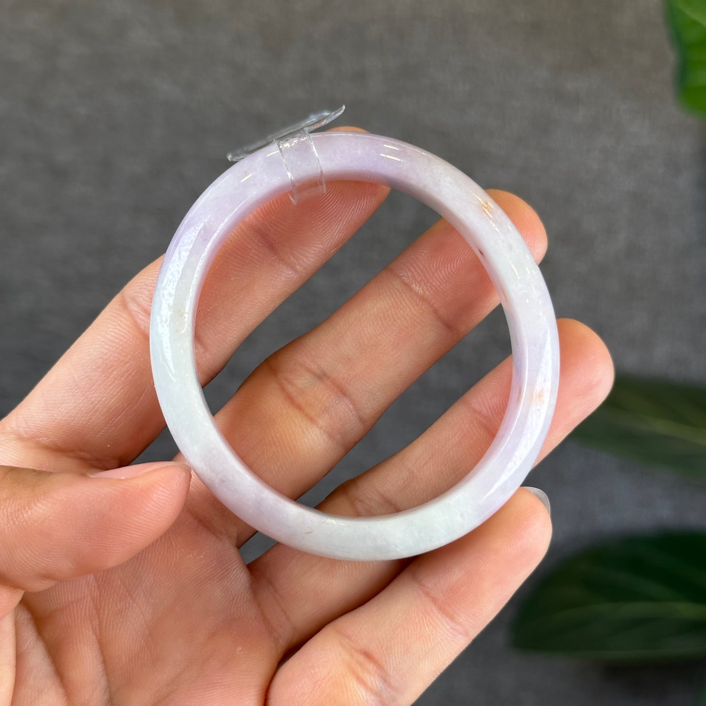 Lavendar with Two Orange Dots Jadeite Jade Oval Leaf Style Bangle Size 50-51 mm Certificate 646759