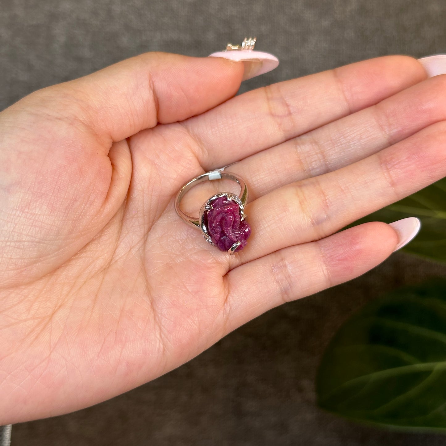 Pixiu Ruby Ring in 10 k White Gold Setting Size 1.64