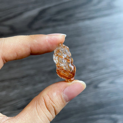 Pixiu Red Brown Rutilated Quartz Pendant in 10k Yellow Gold Setting