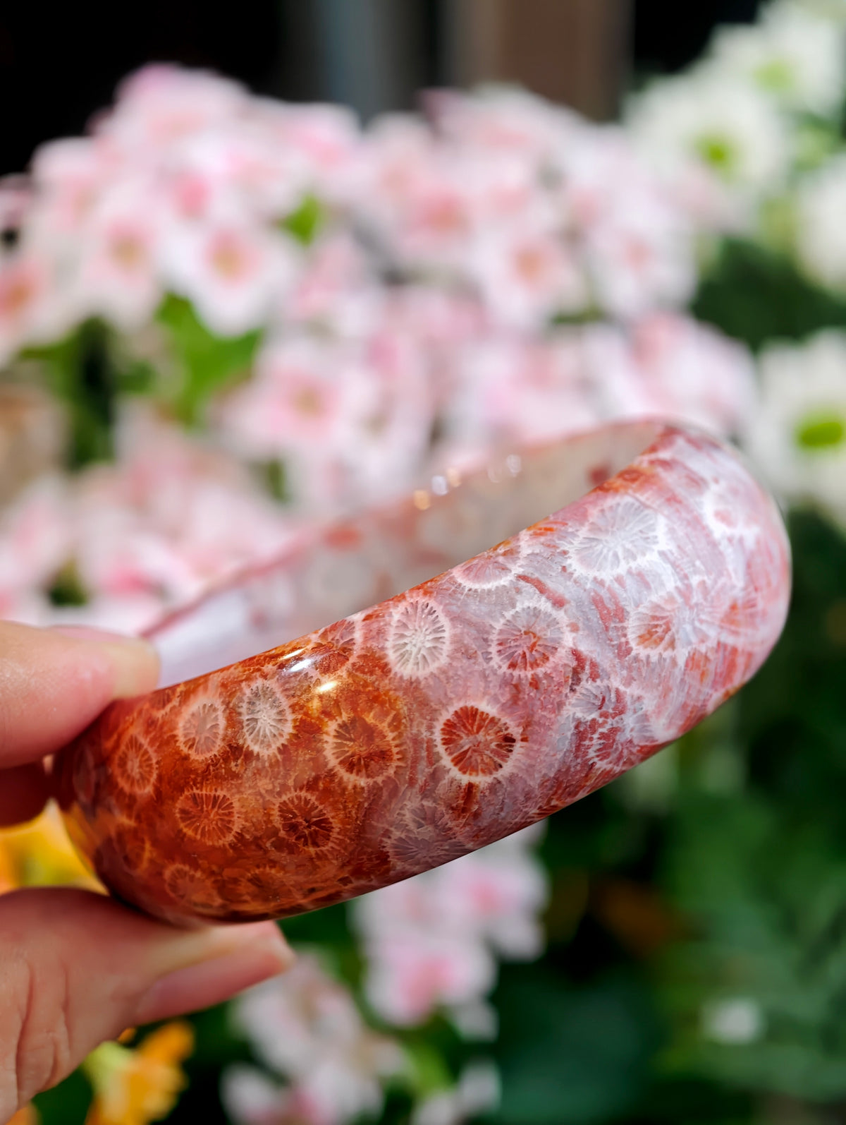 Natural Red Coral Fossil Bangle Leaf Style Size 56.5 mm