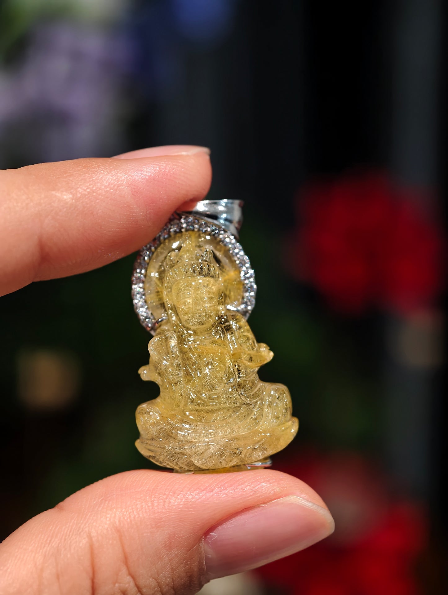 Natural Golden Rutilated Quartz Quan The Am - Quan Yin Buddha Pendant in Silver White Gold Plated Setting