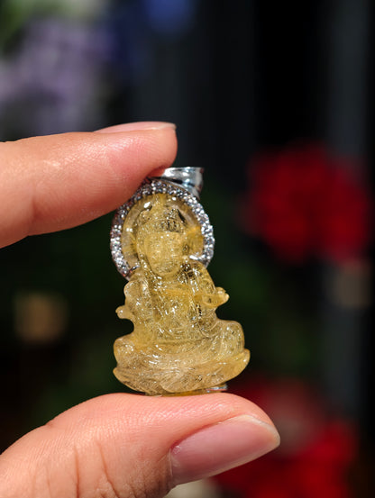 Natural Golden Rutilated Quartz Quan The Am - Quan Yin Buddha Pendant in Silver White Gold Plated Setting