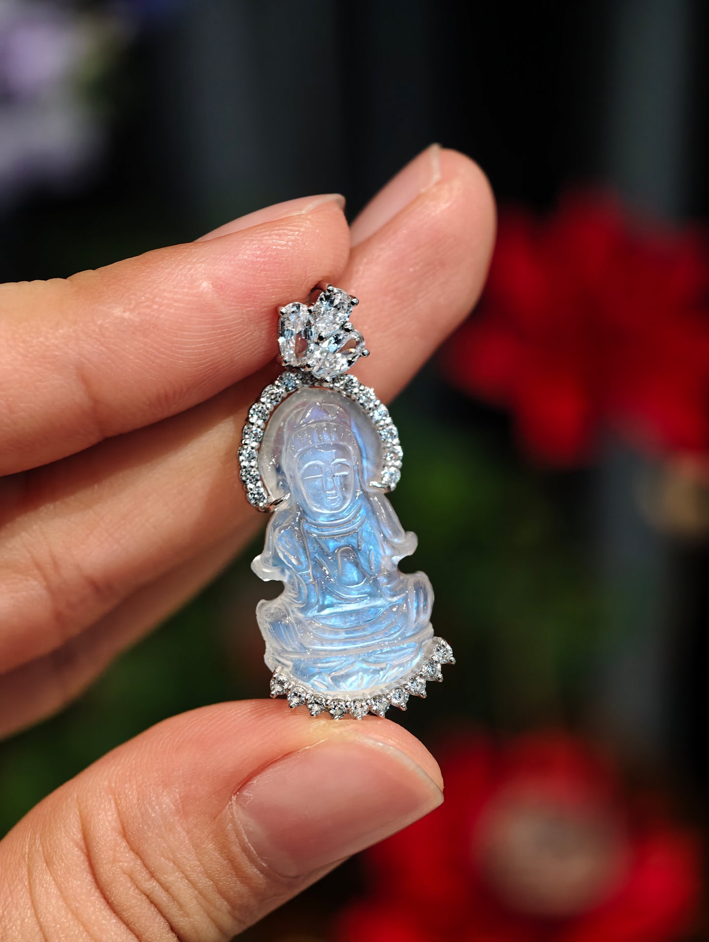 Natural Moonstone Quan The Am - Quan Yin Buddha Pendant in Silver White Gold Plated Setting
