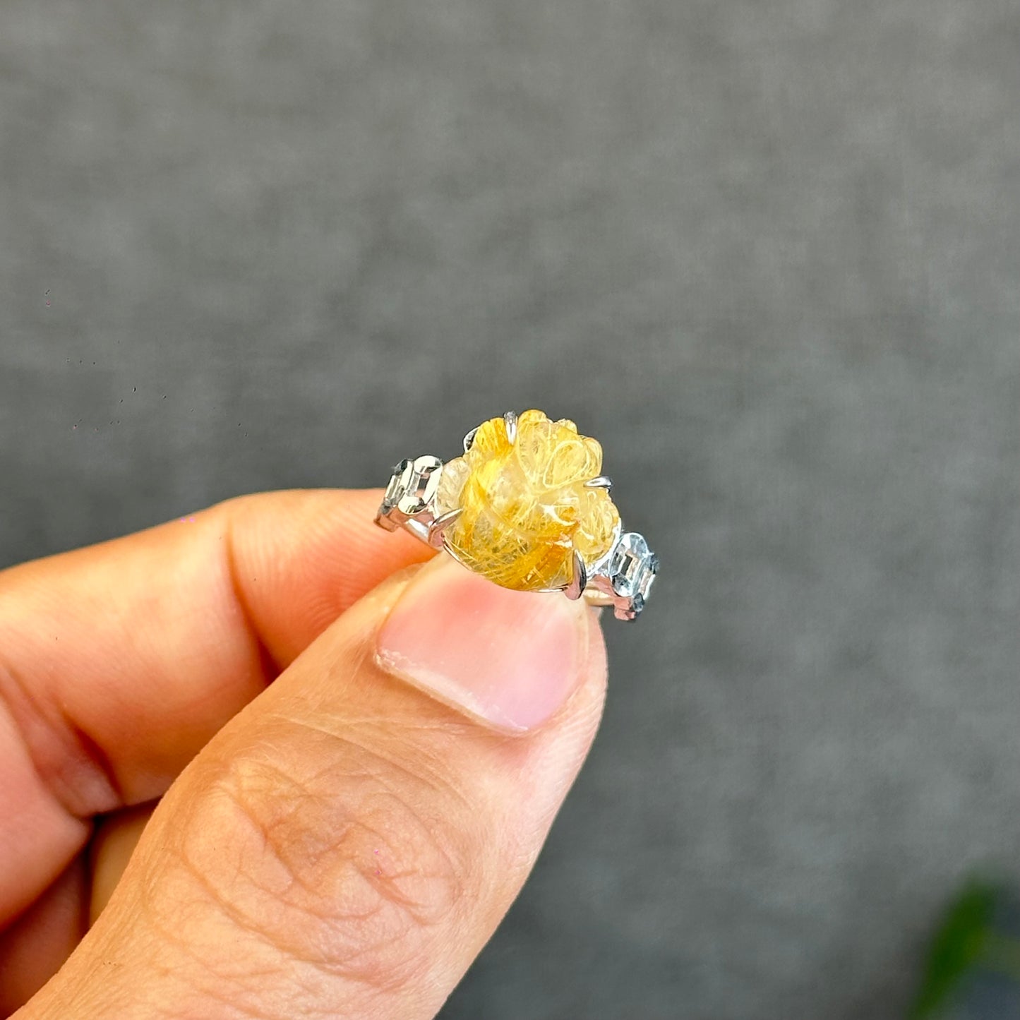 Natural Golden Rutilated Quartz Ho Ly Ring in Silver White Gold Plated Setting Size 1.6