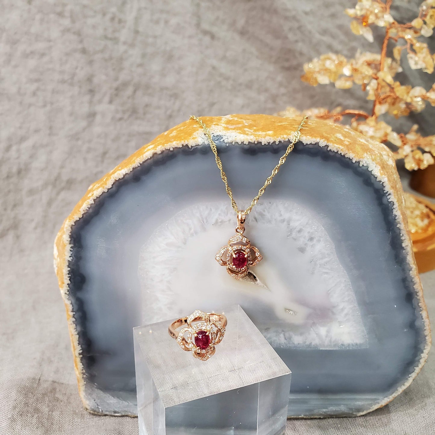 Natural Ruby Ring 10K Yellow Gold with 28 small diamonds Size 1.78