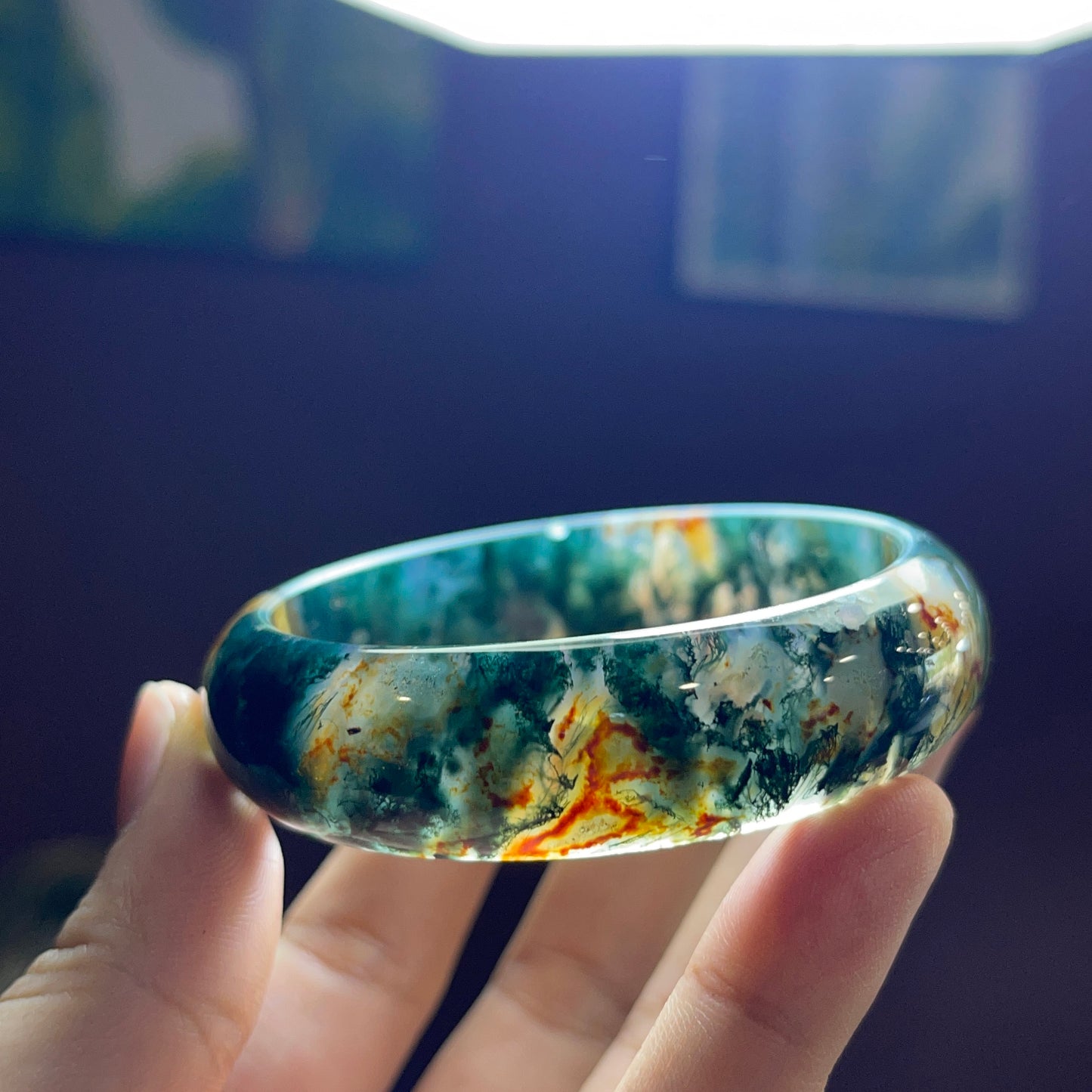 Natural Moss Agate Bangle Leaf Style Size 54 mm