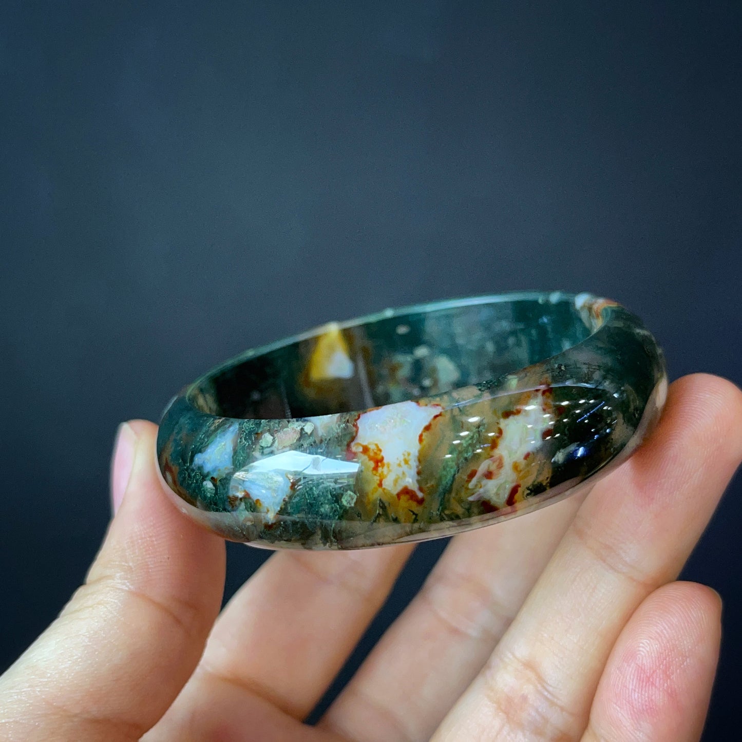 Natural Moss Agate Bangle Leaf Style Size 54 mm