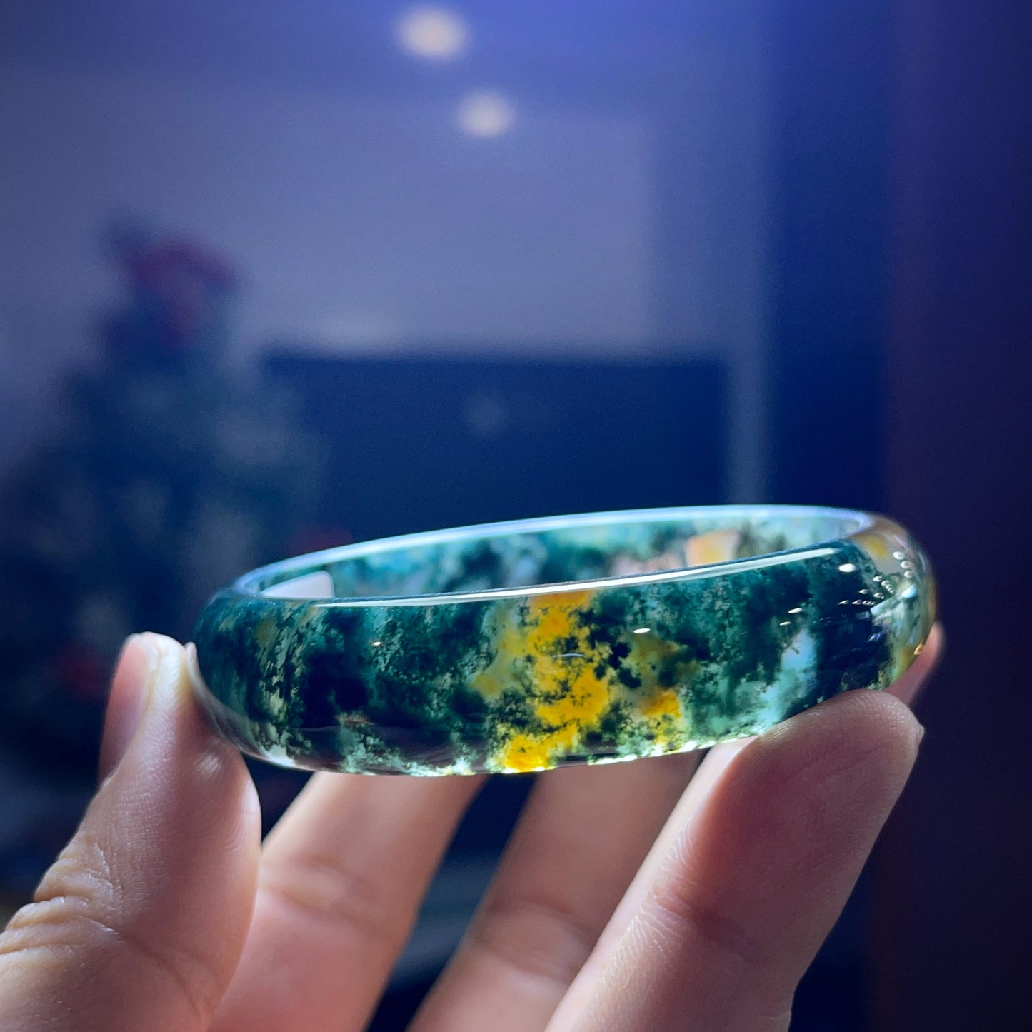 Natural Moss Agate Bangle Leaf Style Size 54 mm