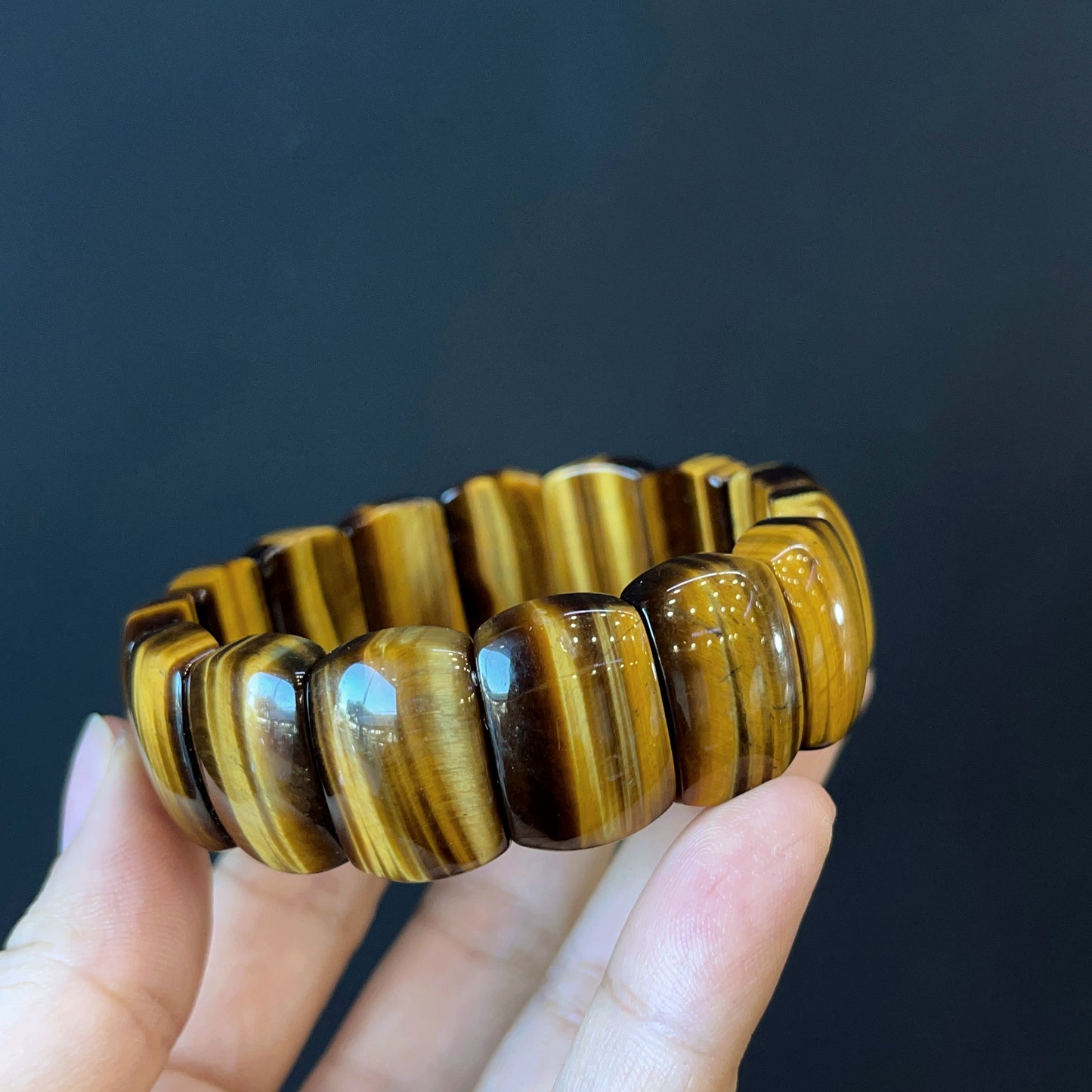 Natural Tiger Eye Flat Style Soft Bangle Bracelet Vertical
