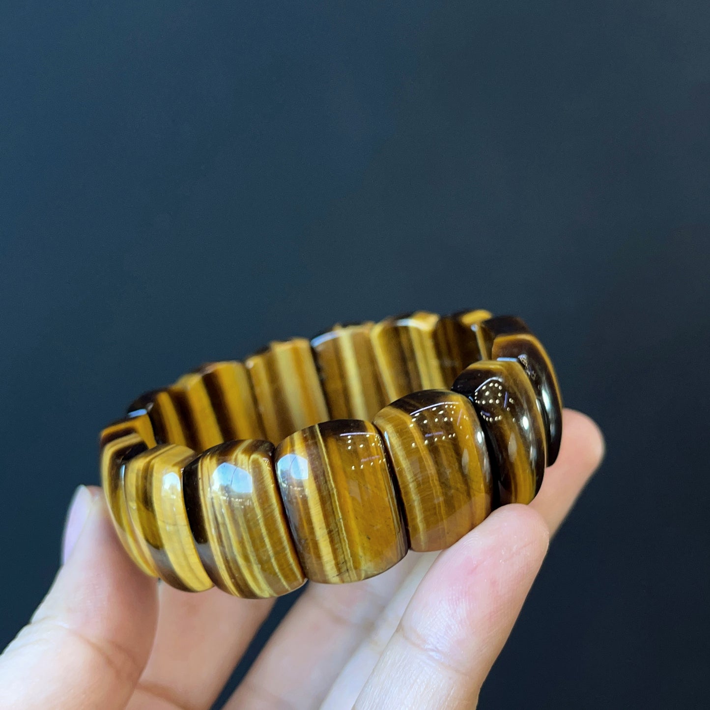 Natural Tiger Eye Flat Style Soft Bangle Bracelet Vertical