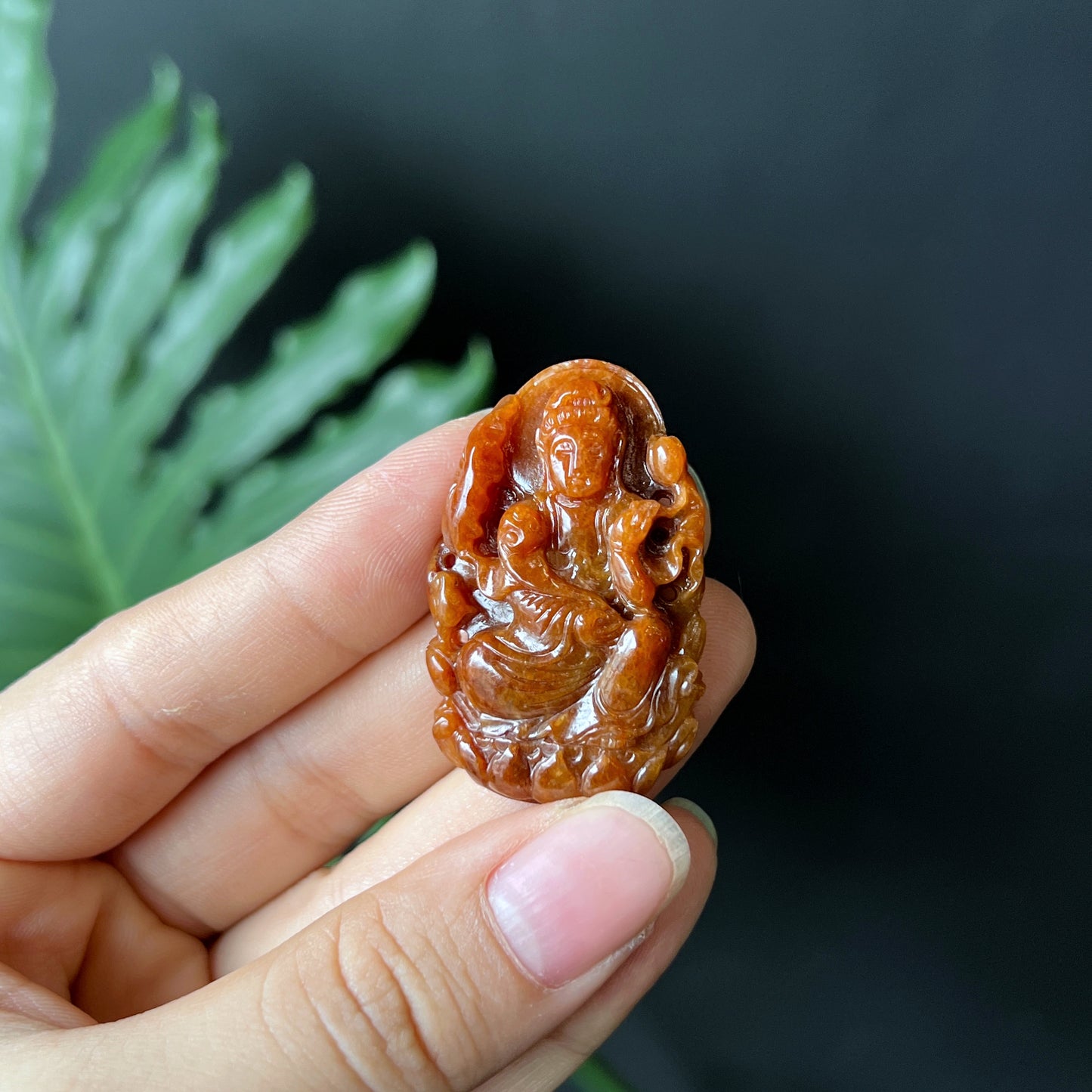 Lotus Quan The Am Buddha Orange Natural Jadeite Jade Pendant