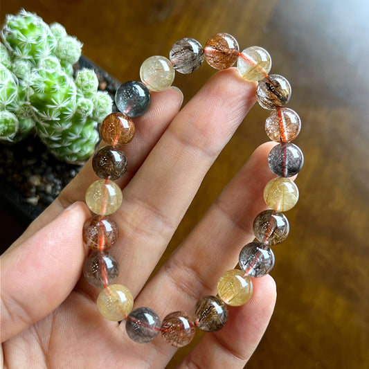 Tri Colour Rutilated Quartz Bracelet 9 mm