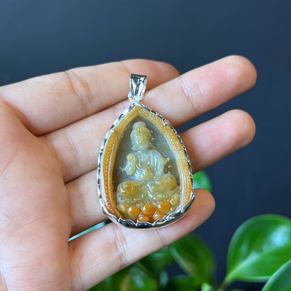 Quan The Am Aura Orange Jadeite Jade Pendentif en serti argenté