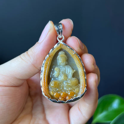 Quan The Am Aura Orange Jadeite Jade Pendentif en serti argenté