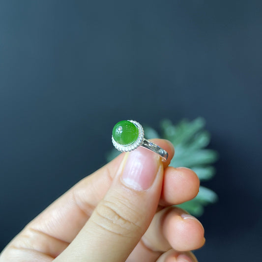 Natural Nephrite Jade Bead Ring in Silver Setting Size 1.7