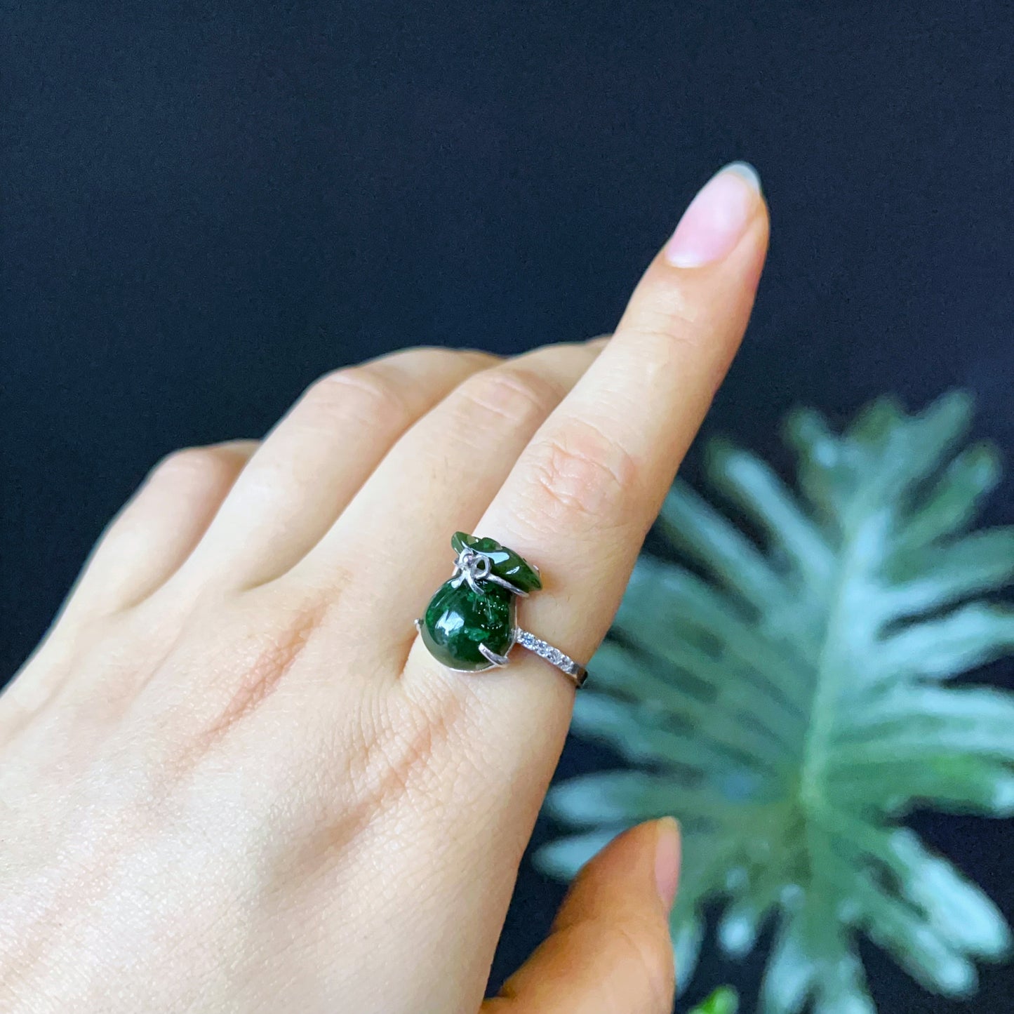 Prosperous Bag Natural Nephrite Jade Silver Ring Size 1.7 (Free Size)