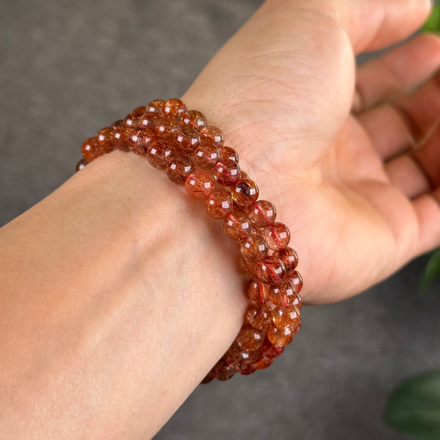 Red Brown Rutilated Quartz Triple Wrap Bracelet Size 6.5 m