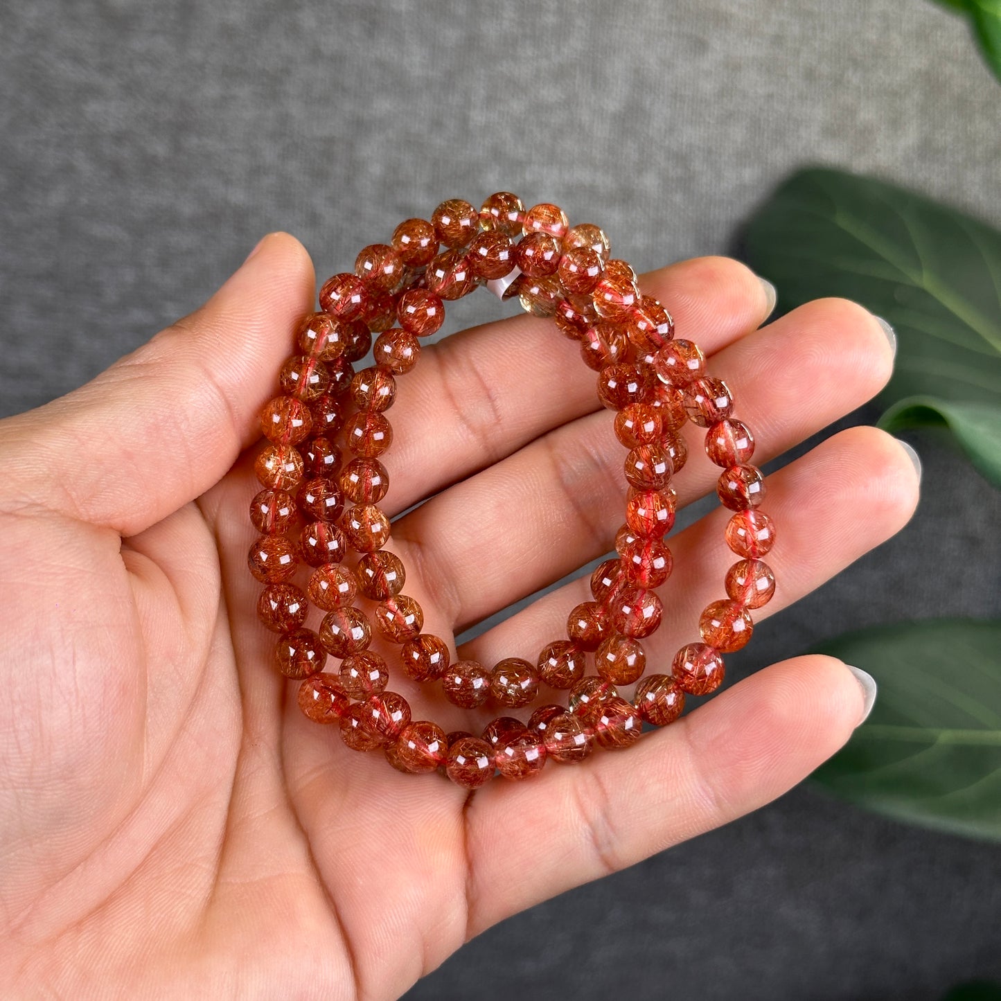 Red Brown Rutilated Quartz Triple Wrap Bracelet Size 6.5 m