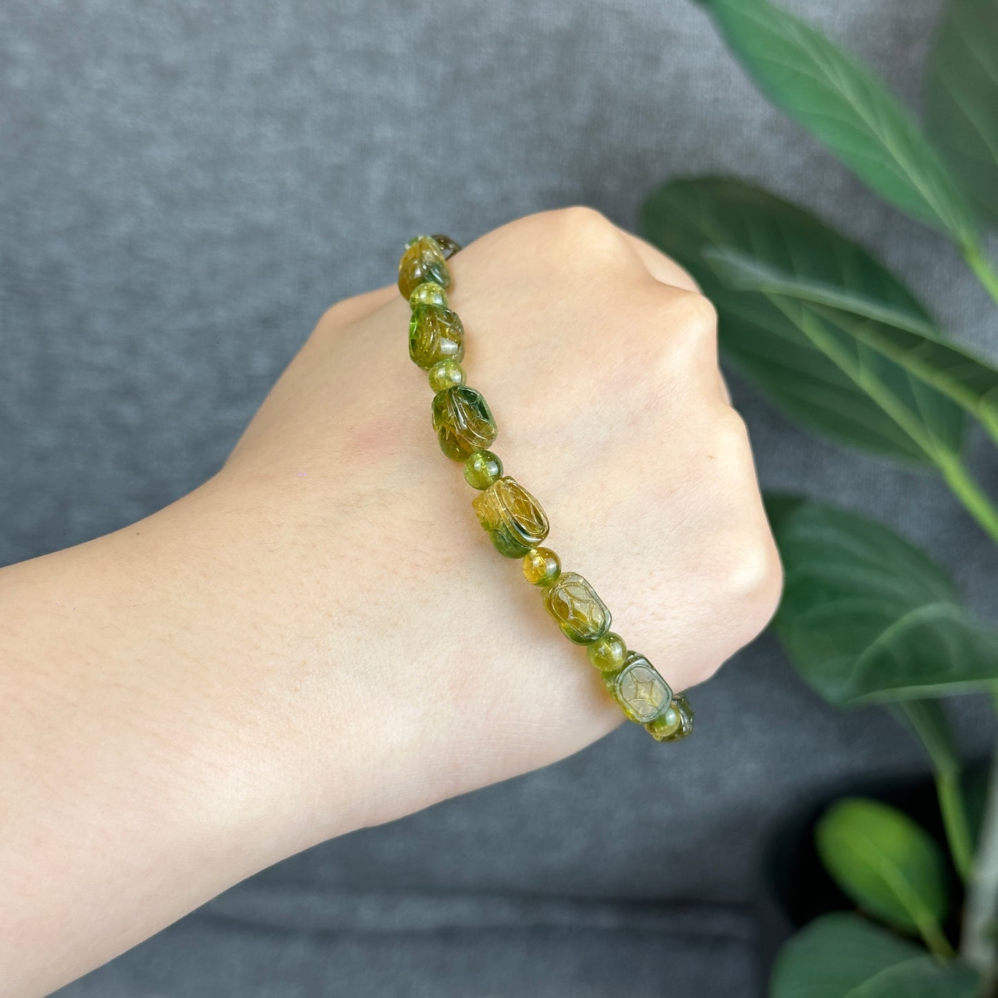 Bi Colour Green-Yellow Tourmaline Pixiu Bracelet Size 6.8 mm