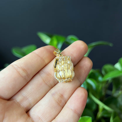 Pixiu Golden Rutilated Quartz Pendant in Yellow Gold Setting