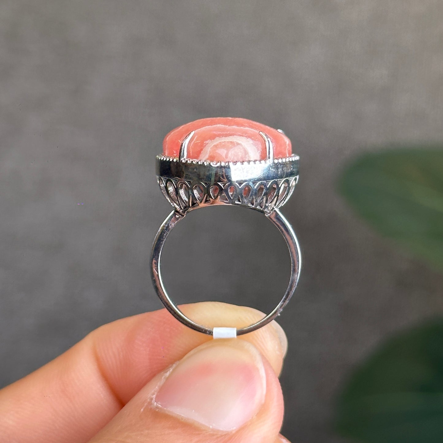 Heart Rhodochrosite Ring in Silver with White Stone Setting Size 1.75