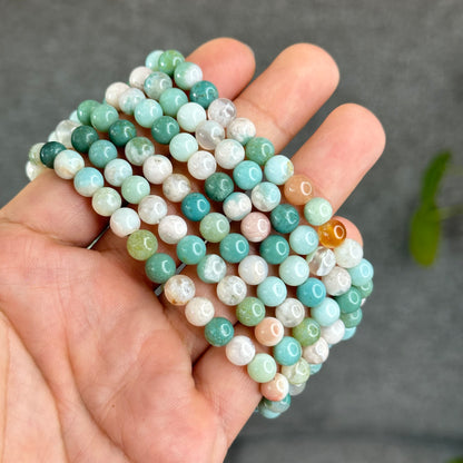 Natural Green Floral Agate Triple Wrap Bracelet Size 6.7 mm