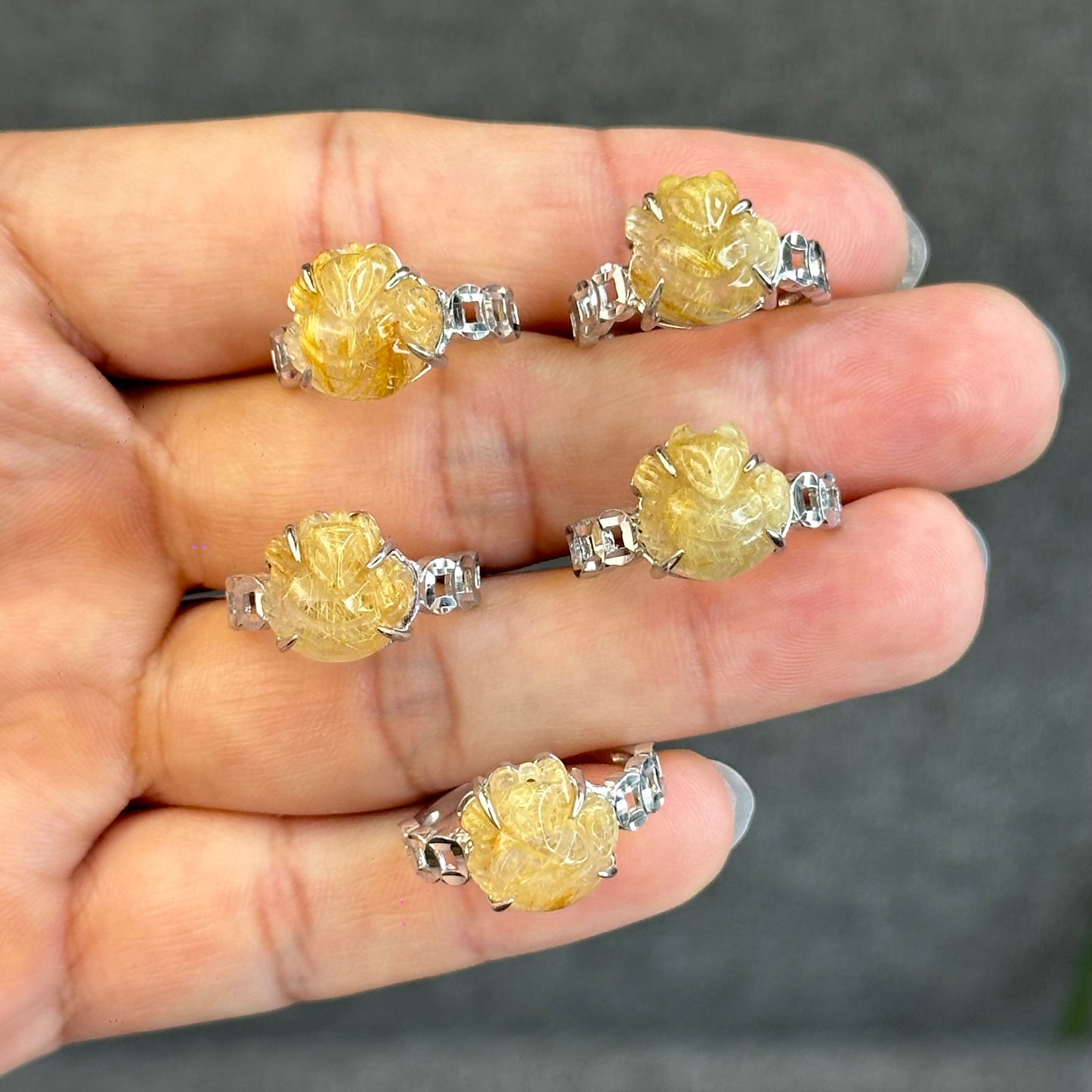 Natural Golden Rutilated Quartz Ho Ly Ring in Silver White Gold Plated Setting Size 1.6