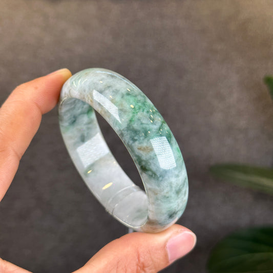 Natural Floral Green with Touches of Orange Jadeite Jade Bangle Leaf Style Size 57 mm