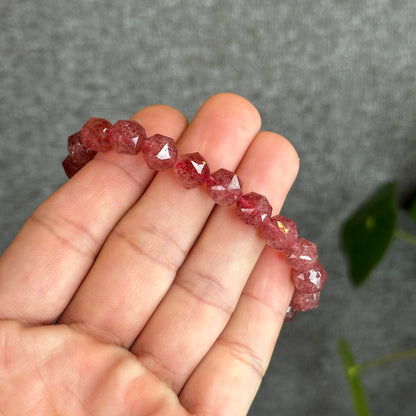 Natural Pink Strawberry Quartz Diamond Faceted Bracelet Size 9 mm