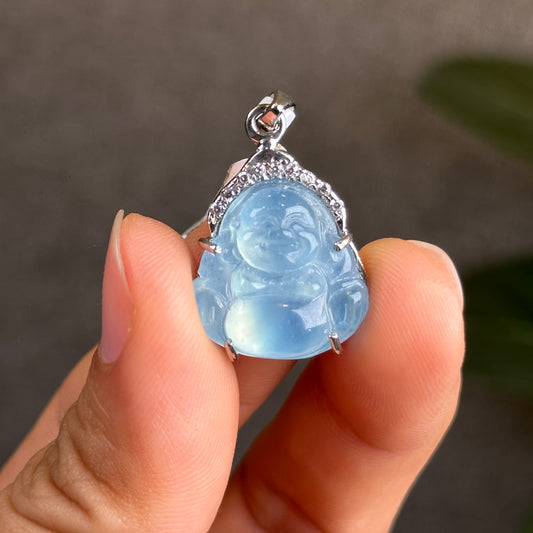 Happy Buddha Aquamarine Pendant in Silver Setting