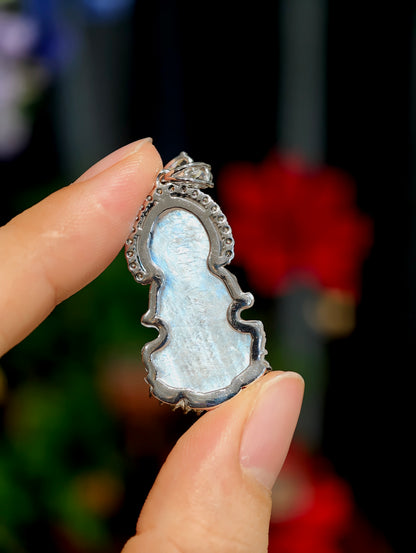 Natural Moonstone Quan The Am - Quan Yin Buddha Pendant in Silver White Gold Plated Setting