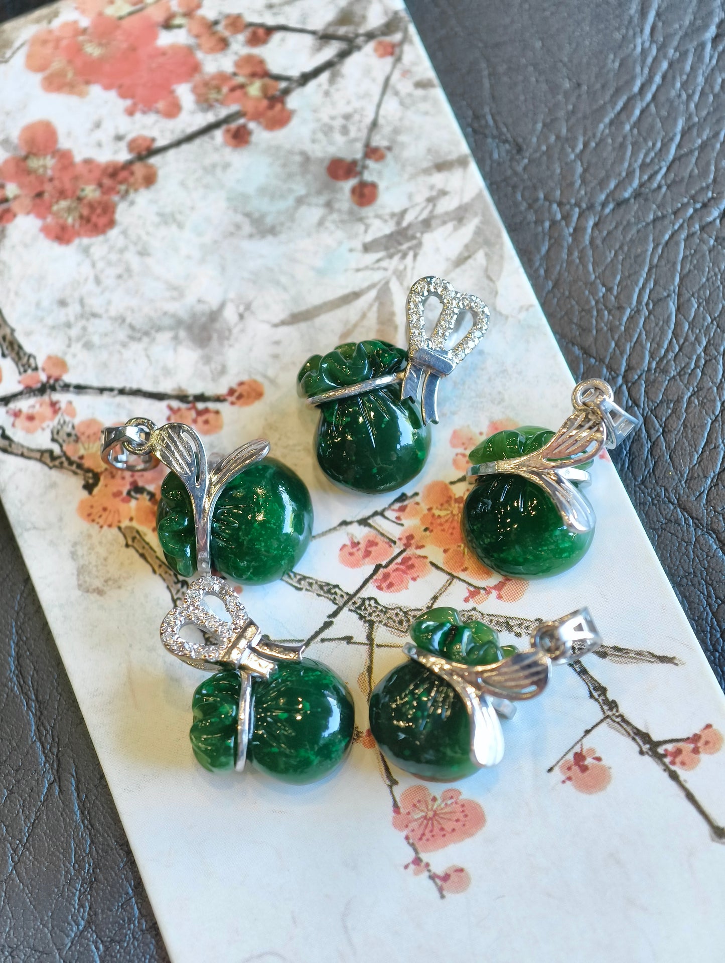 Prosperous Bag Natural Nephrite Jade Pendant  with Gold Plated  Silver Hook