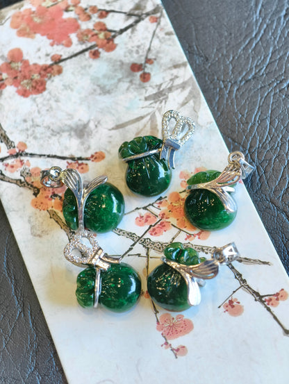 Prosperous Bag Natural Nephrite Jade Pendant  with Gold Plated  Silver Hook