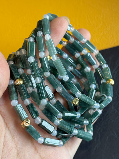 Bamboo Natural Blue Jadeite Jade  mixed with White Agate Bracelet