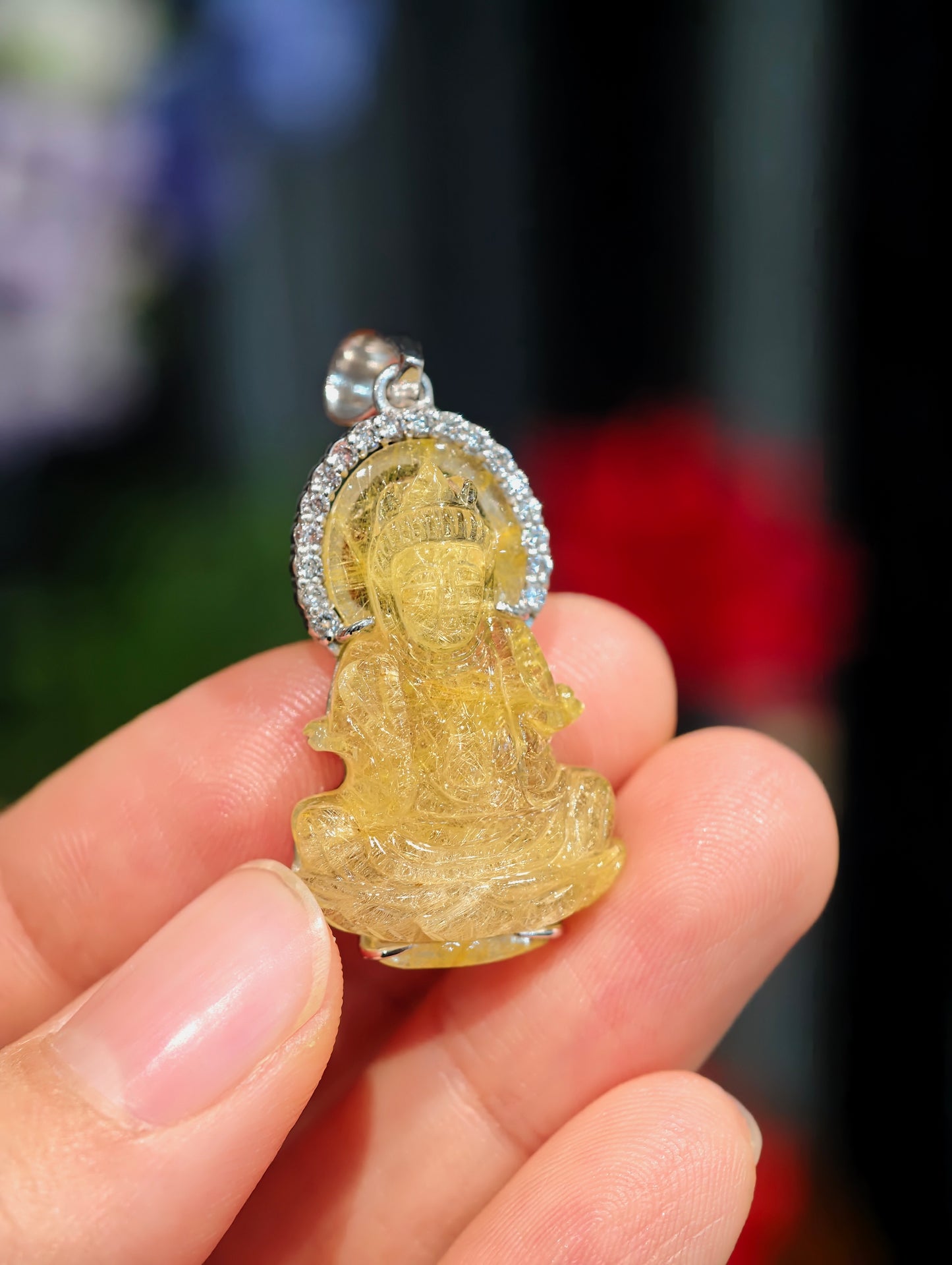 Natural Golden Rutilated Quartz Quan The Am - Quan Yin Buddha Pendant in Silver White Gold Plated Setting