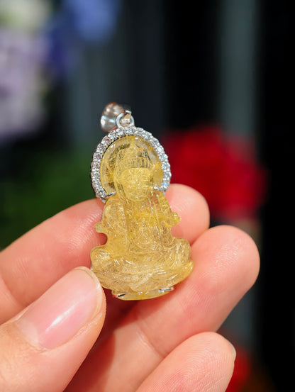Natural Golden Rutilated Quartz Quan The Am - Quan Yin Buddha Pendant in Silver White Gold Plated Setting