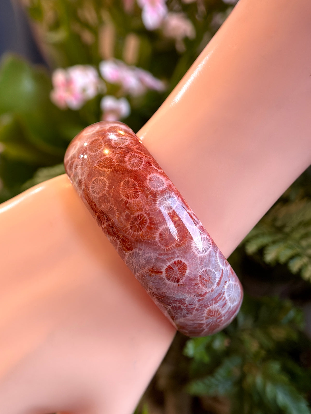 Natural Red Coral Fossil Bangle Leaf Style Size 56.5 mm