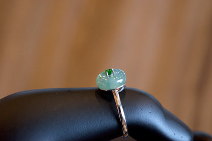 Floral Light Green Icy Dong Dieu Natural Jadeite Jade Ring in 18 k White Gold Setting Size 1.78 with Gem Review Certificate
