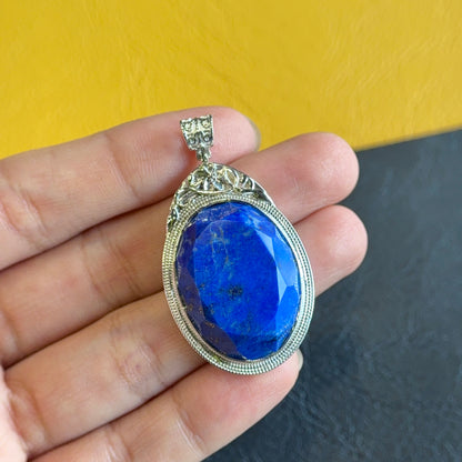 Natural Lapis Lazuli Oval Faceted Pendant in Gold Platted Silver Plated Setting