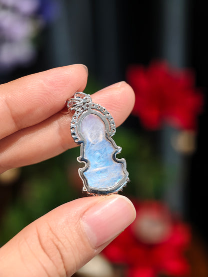 Natural Moonstone Quan The Am - Quan Yin Buddha Pendant in Silver White Gold Plated Setting