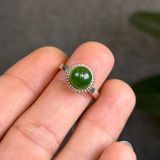 Nephrite Jade Bead Ring in Silver Setting Size 1.7